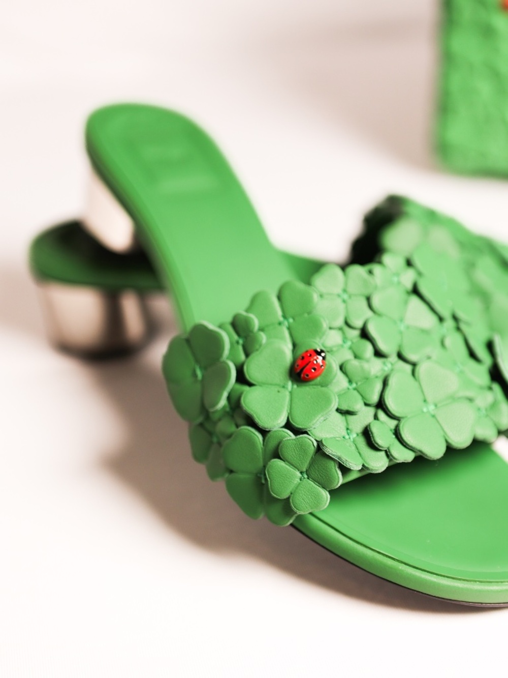 Dior Bloom Heeled Slide Green Dior Clover Embroidered Lambskin 37.5 - Picture 5 of 8